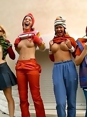 Four funny teen girls flashing their busty and small breasts and tight butts outdoors